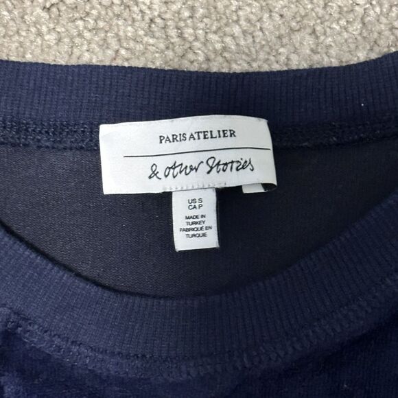 & Other Stories Women's Size S Velvet Velour Crew Neck Sweatshirt Navy - Picture 3 of 5